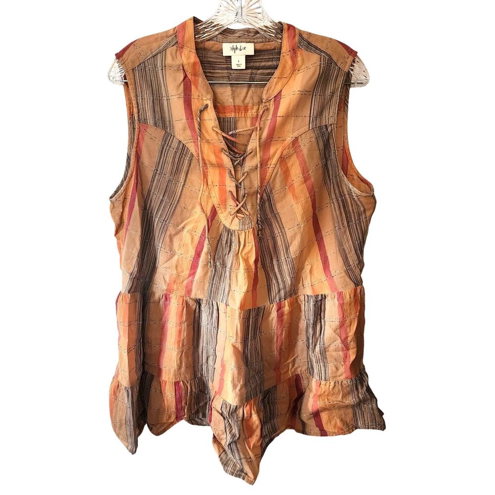 STYLE & Co. Women's Sleeveless Striped Tiered Lace Up Size Large